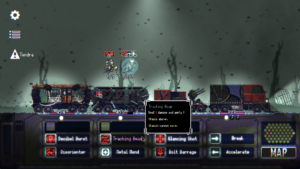 A screenshot of the cryohard game showing skeleton angels overhead attacking trains that are taking damage.