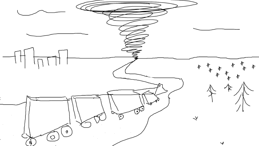 a poorly drawn stick figure like concept of a train moving through a desolate wasteland towards a massive cyclone